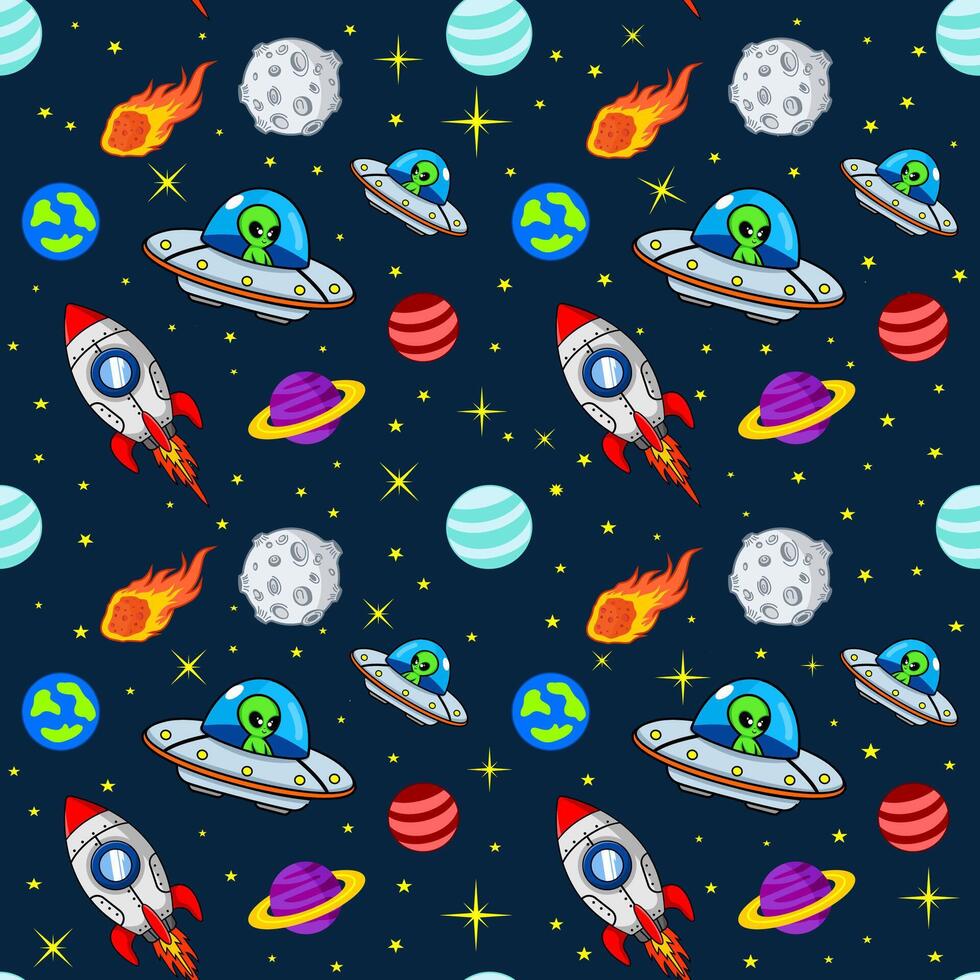 colorful space seamless pattern with rockets aliens and planets vector