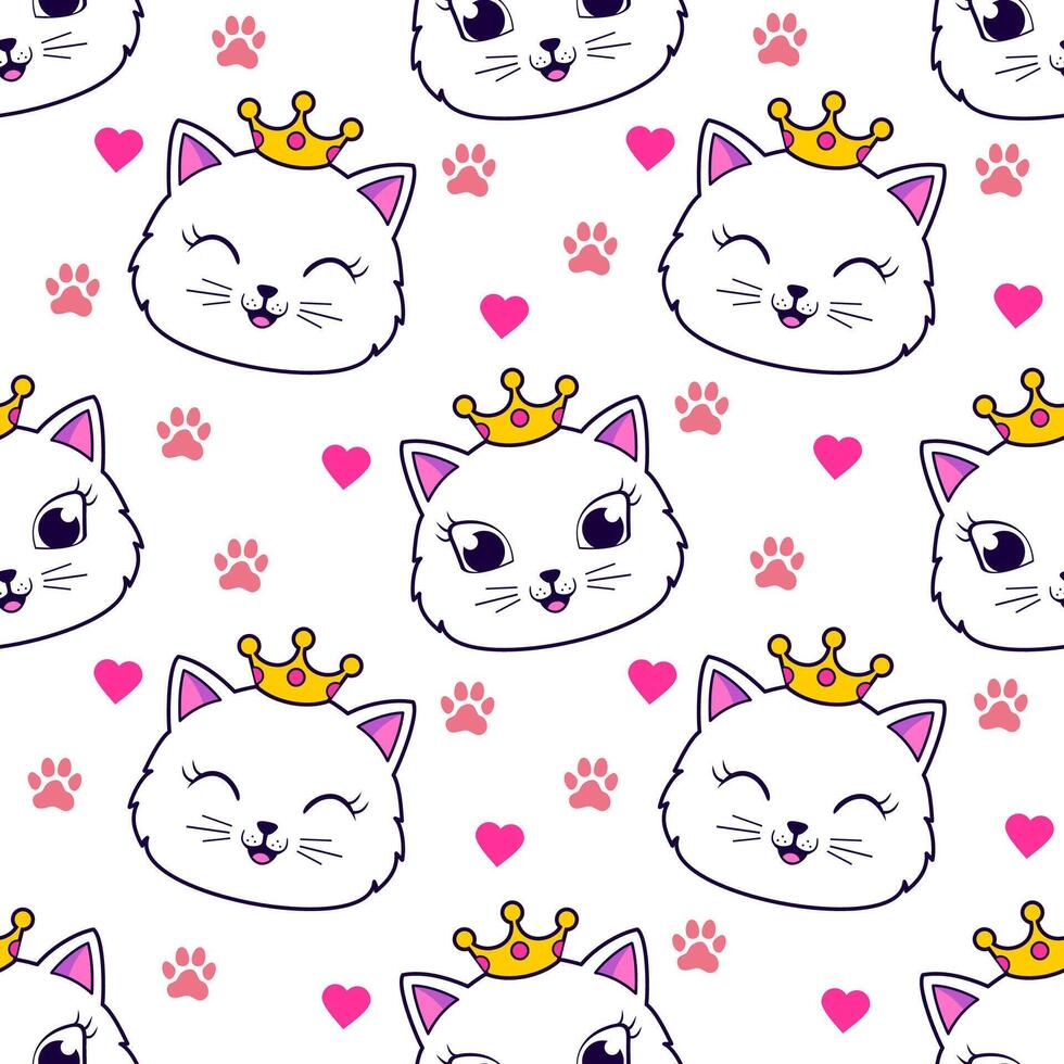 cute princess cat faces seamless pattern with hearts and paw prints vector