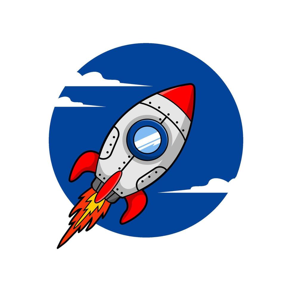 cartoon rocket launching into sky vector