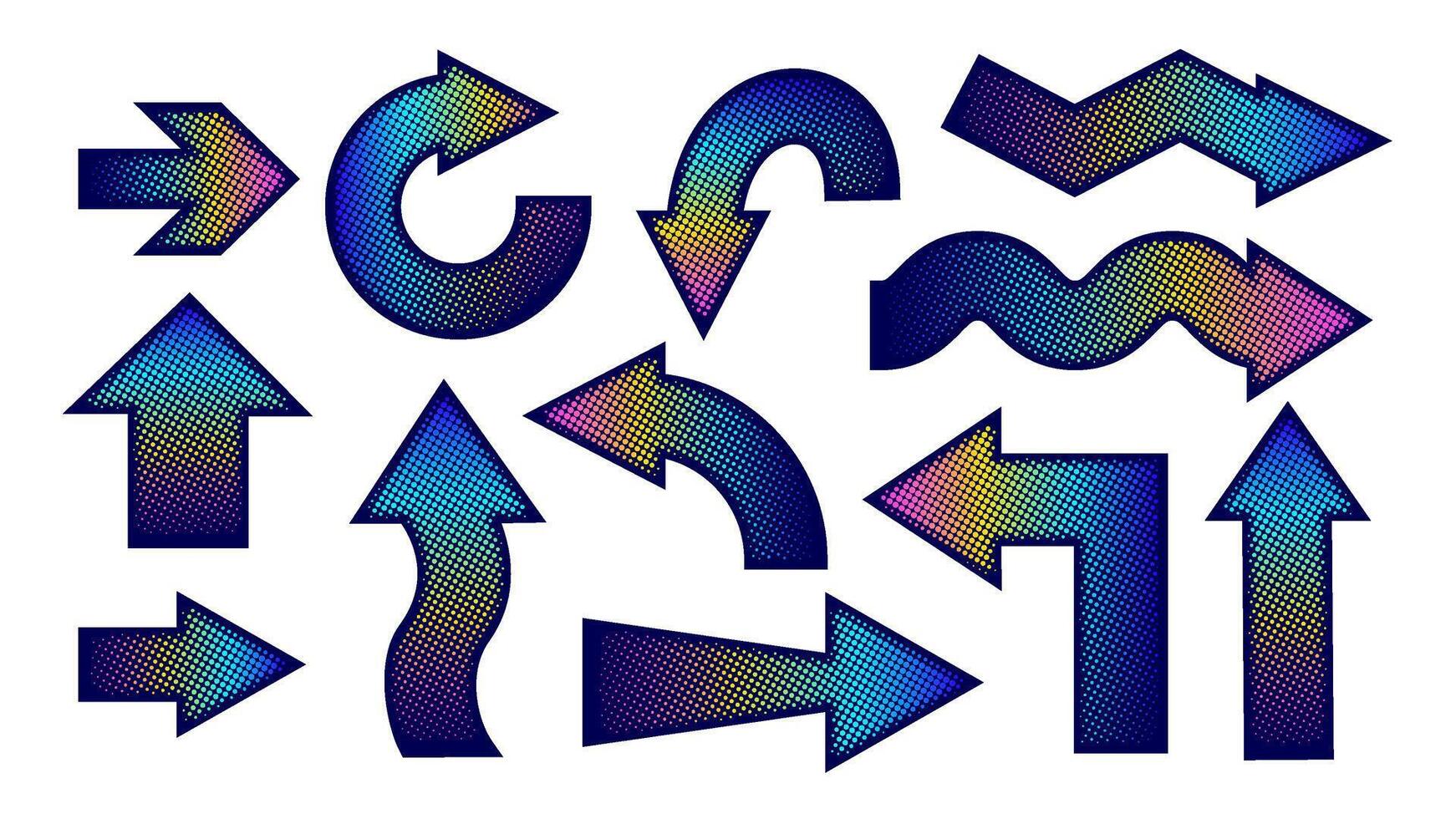 Collection of colorful gradient halftone patterned arrows pointing in various directions vector