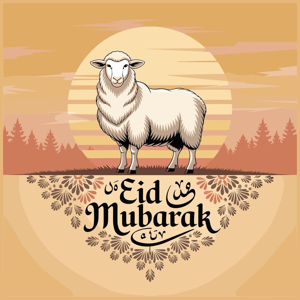 Eid mubarak greeting card with sheep illustration vector