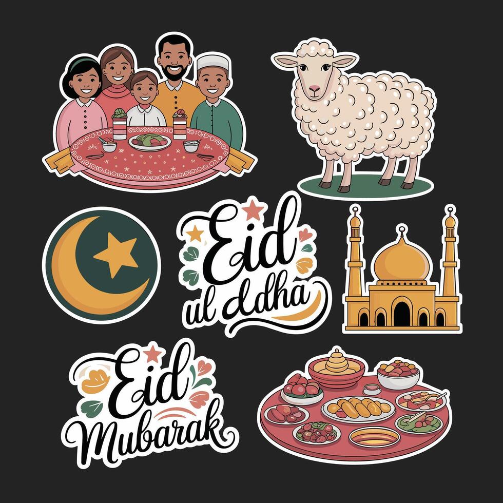 Eid al-fitr stickers set with a sheep, a lamb, and a cake vector