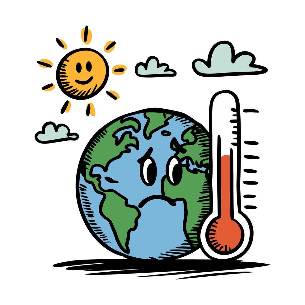 Global Warming Earth and Thermometer Cartoon Illustration vector