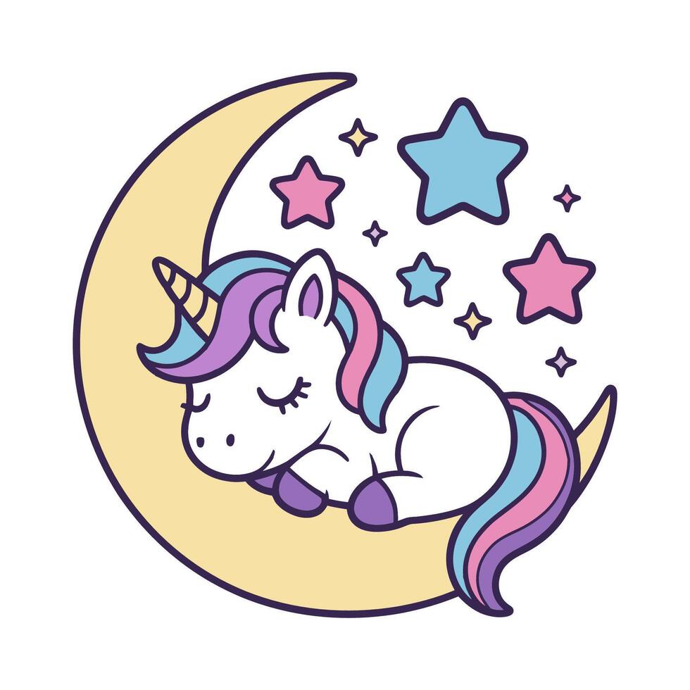 Cute Sleeping Unicorn on Moon with Stars Cartoon Illustration vector