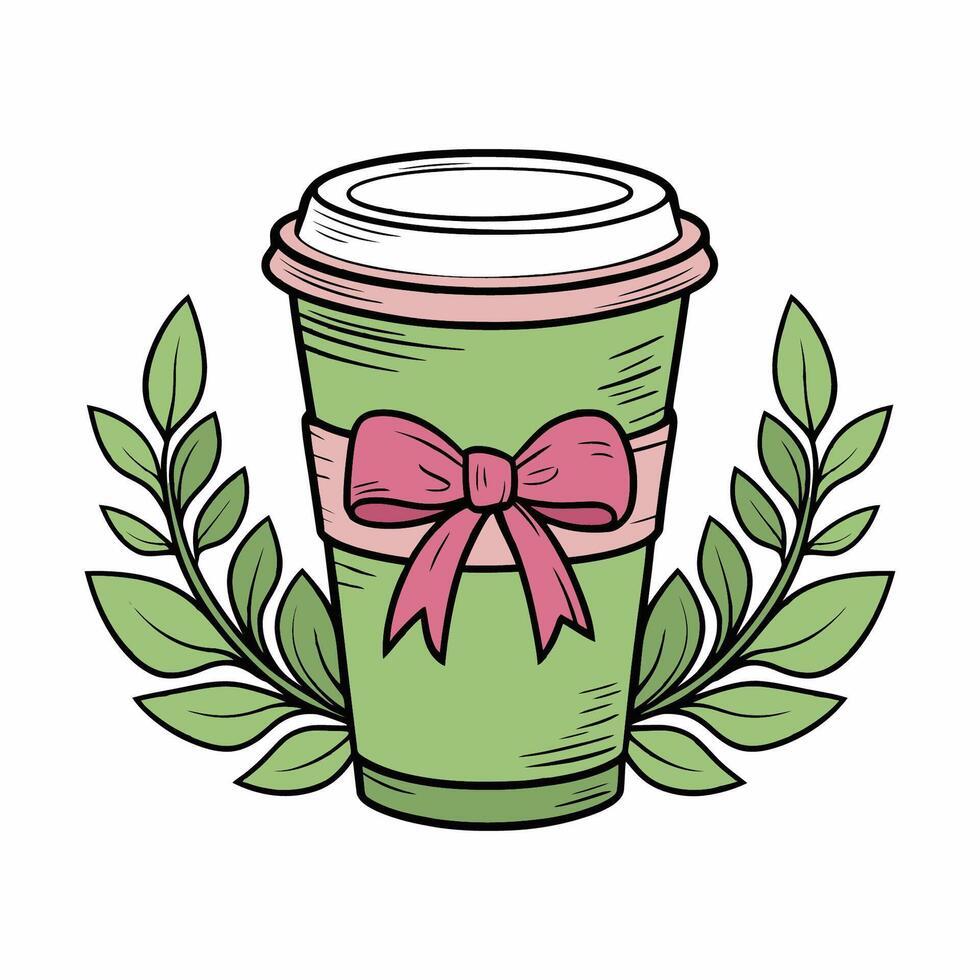 Matcha Latte Cup with Pink Bow and Leaf Decoration vector