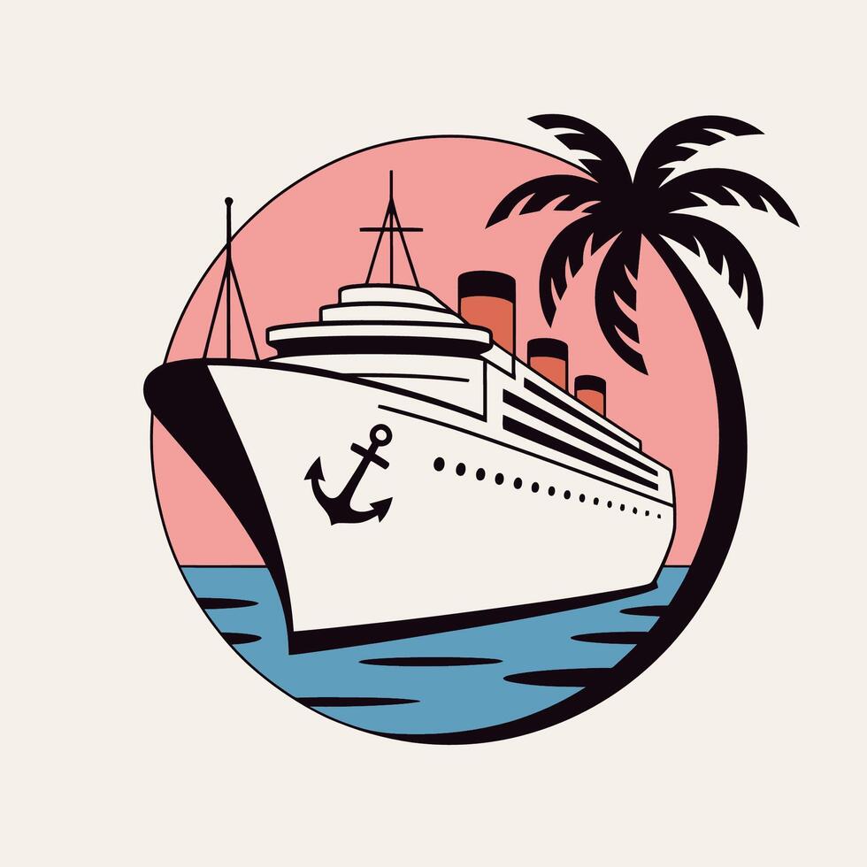 Cruise Ship and Palm Tree Retro Illustration vector