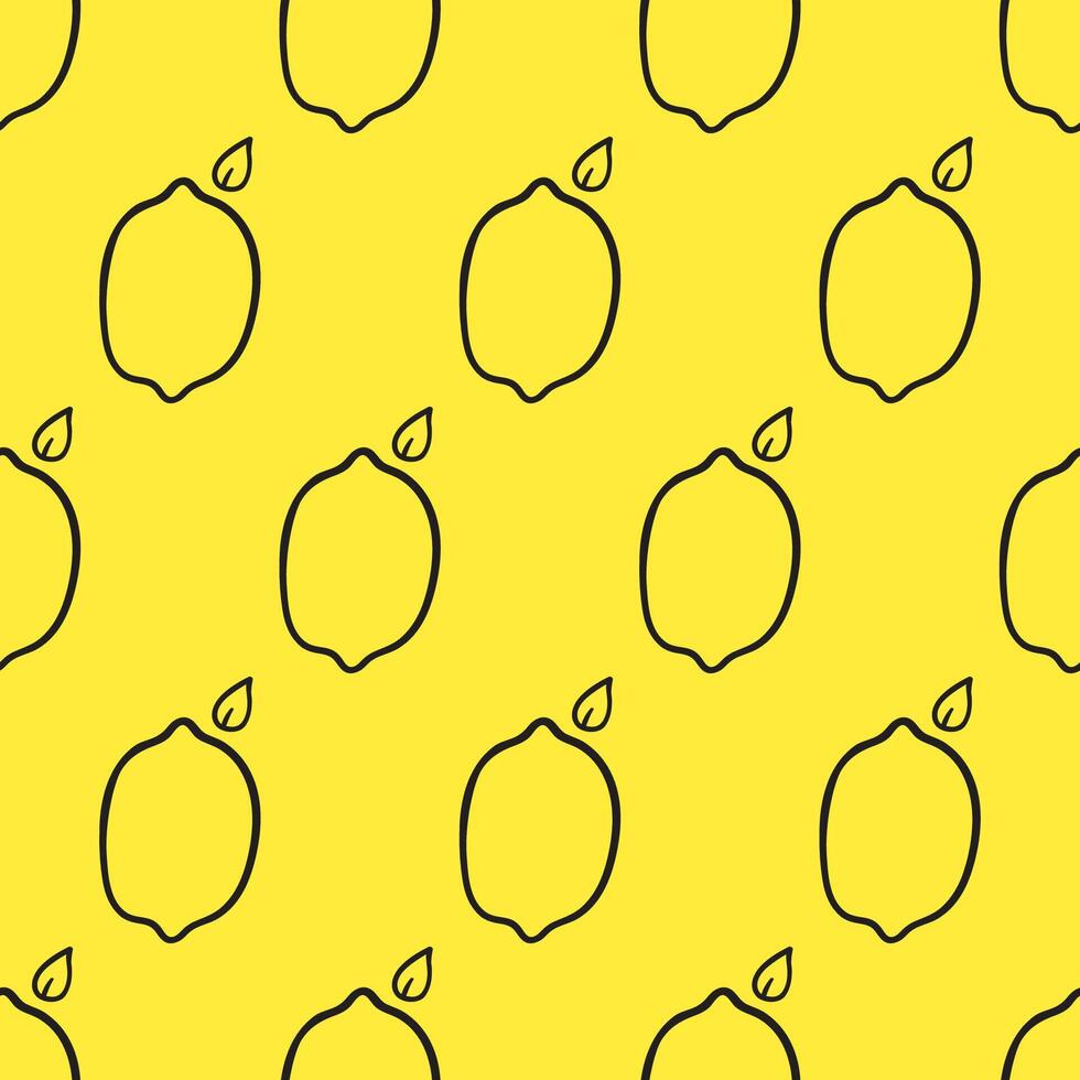 Lemon. Seamless pattern. Outline hand drawn illustration on yellow background. vector