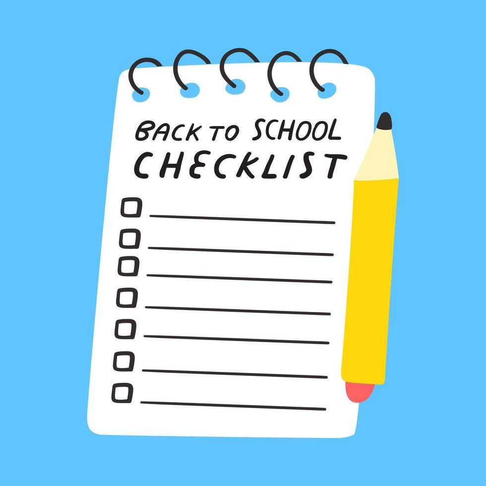 Paper note with pencil. Back to school checklist design. hand drawn illustration on blue background. vector