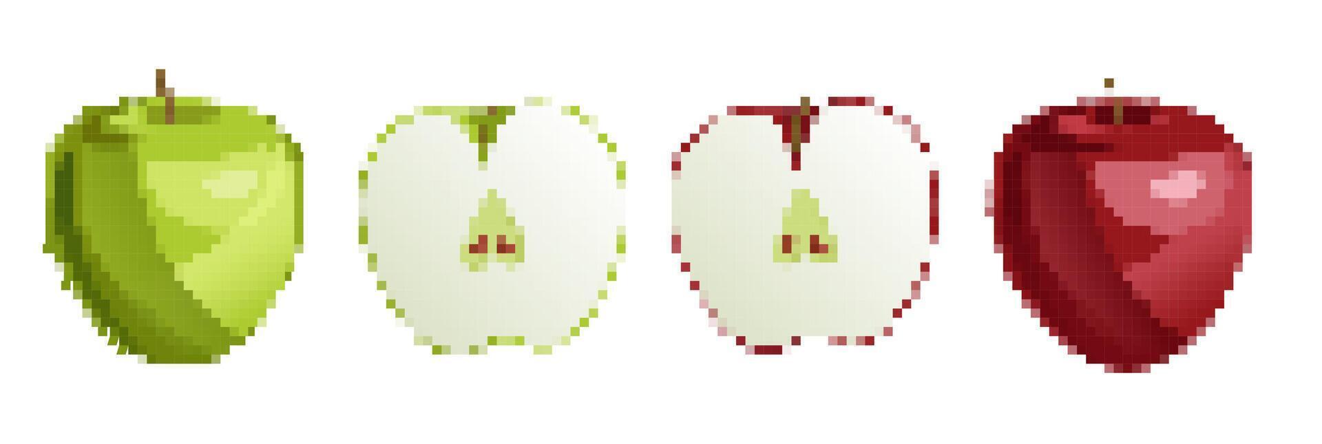 Colorful featuring various apples in different styles and colors suitable for background design. Pixel art. vector
