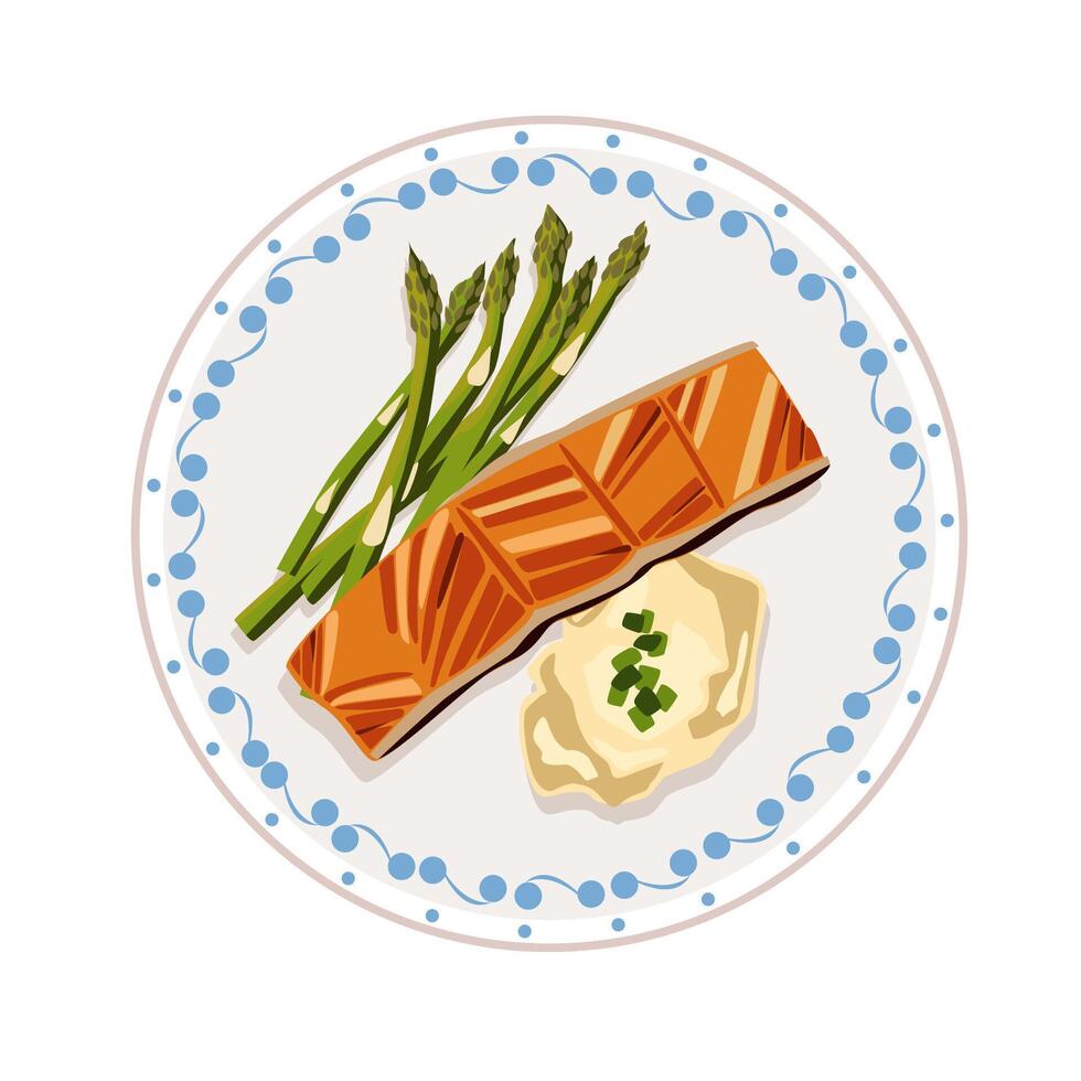 Grilled salmon with asparagus and creamy sauce on a decorative plate. . vector