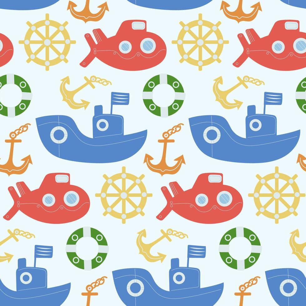 Bright nautical pattern featuring boats, submarines, anchors, and steering wheels for cheerful designs. vector