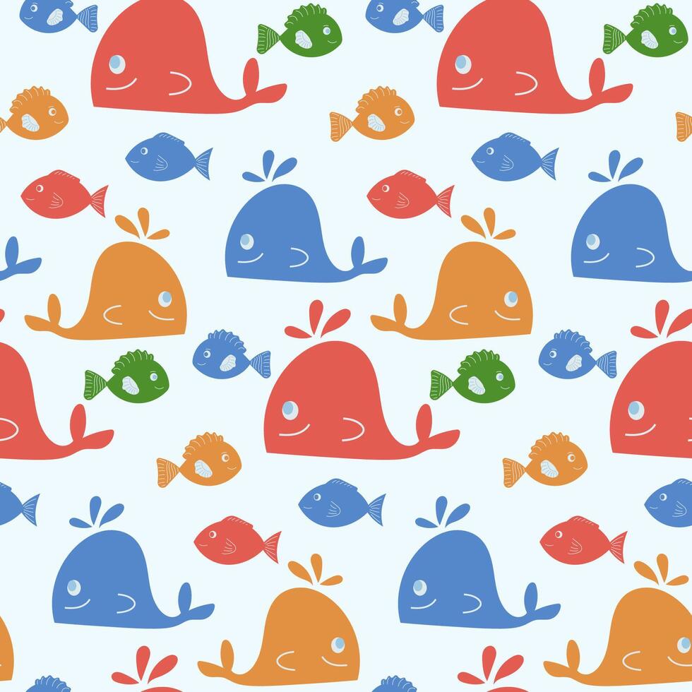 Fun seamless pattern featuring colorful whales and fish in vibrant shades with a light background suitable for various designs. vector