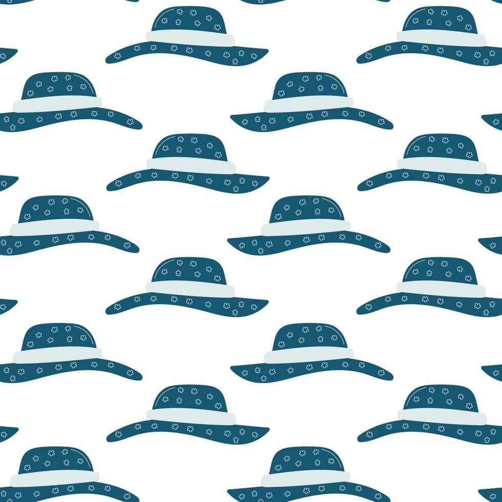 Seamless pattern of stylish sun hats with dotted details on a white background suitable for various design applications vector