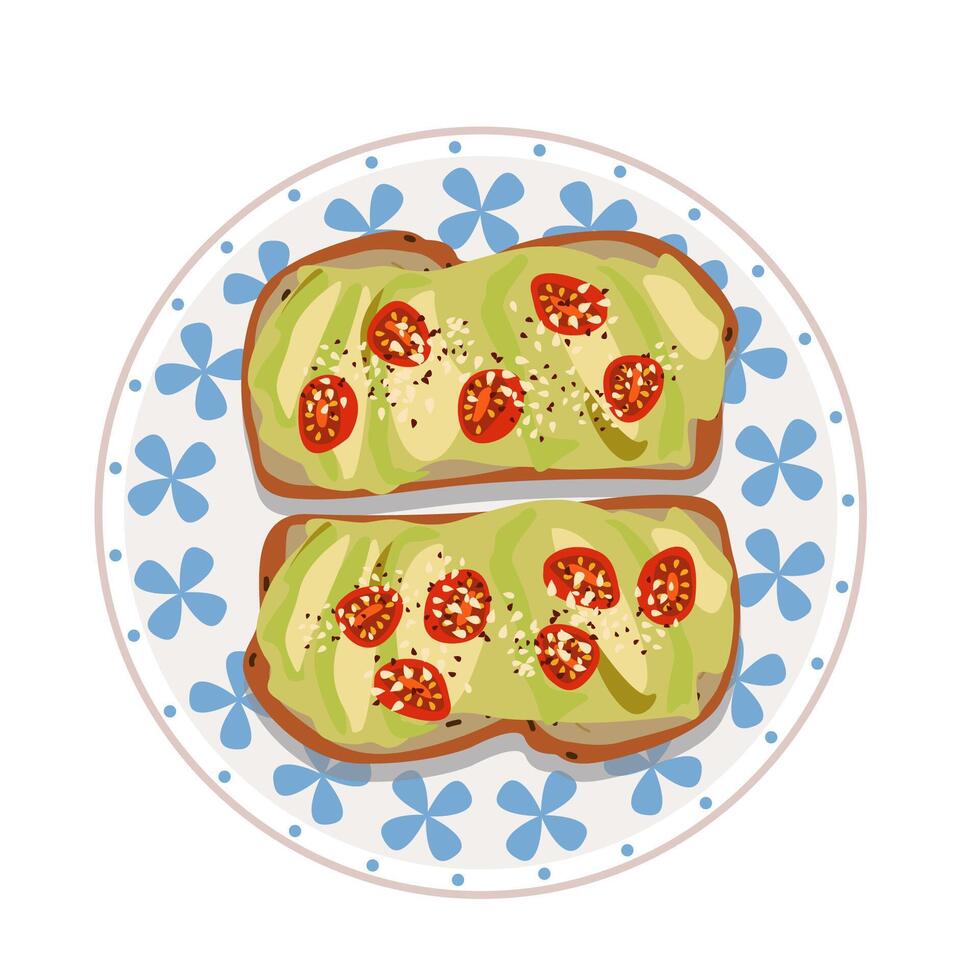 Delicious featuring avocado toast with tomatoes on a decorative plate surrounded by floral design. vector