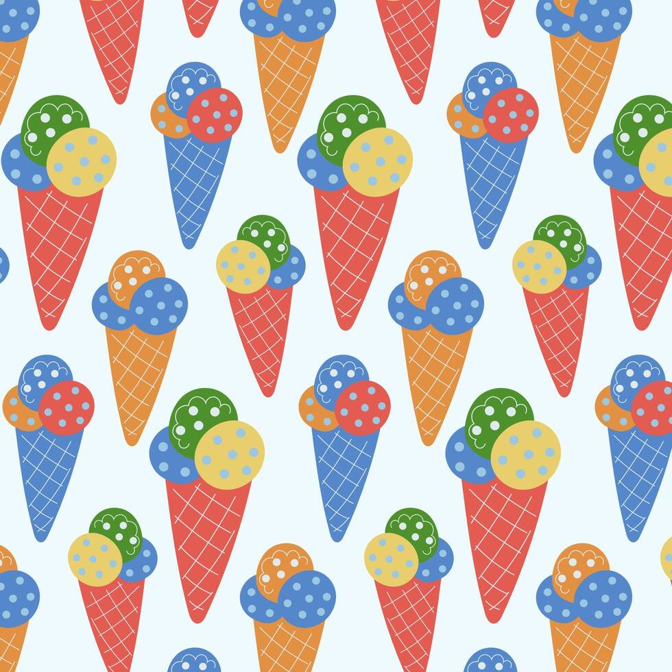 Colorful seamless pattern of ice cream cones with various toppings and vibrant colors suitable for children s designs vector