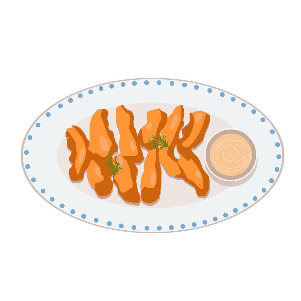 Delicious illustration of crispy chicken tenders served with dipping sauce on a stylish plate vector