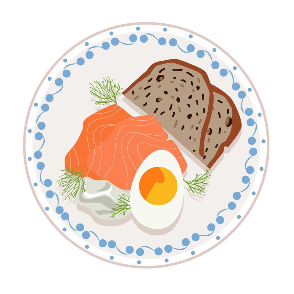 Delicious featuring smoked salmon, boiled egg, and dark rye bread on a decorative plate vector
