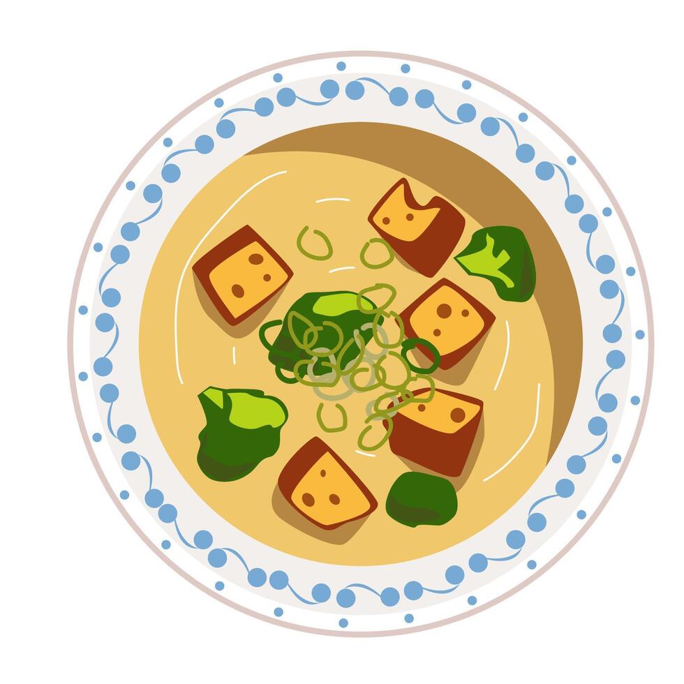 Delicious vegetable soup with tofu, featuring vibrant colors and fresh ingredients . vector