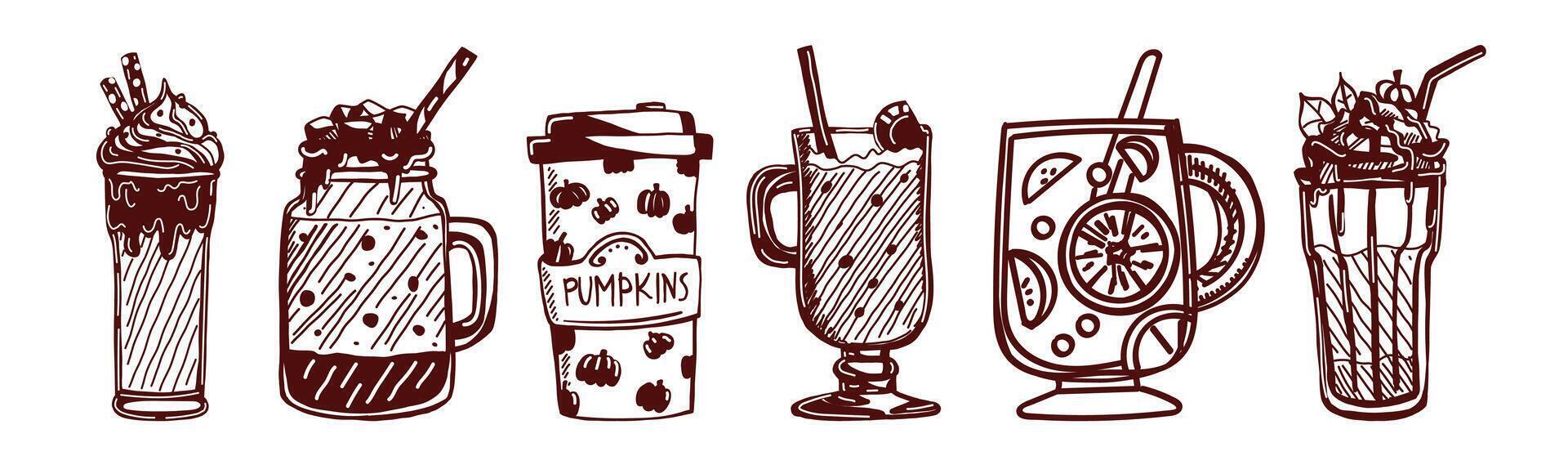 illustration of various festive drinks cocktails, champagne, and fruity beverages with garnishes. Perfect for menus, posters, and celebration-themed designs. vector
