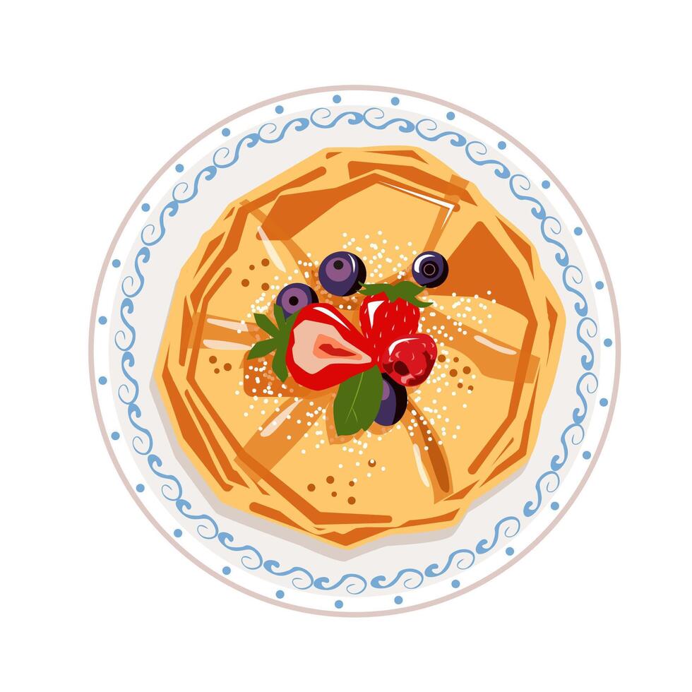 Delicious featuring golden pancakes topped with fresh berries and mint on a decorative plate vector