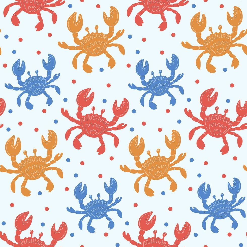 Colorful seamless pattern featuring crabs in vibrant hues with playful dots on a light background vector