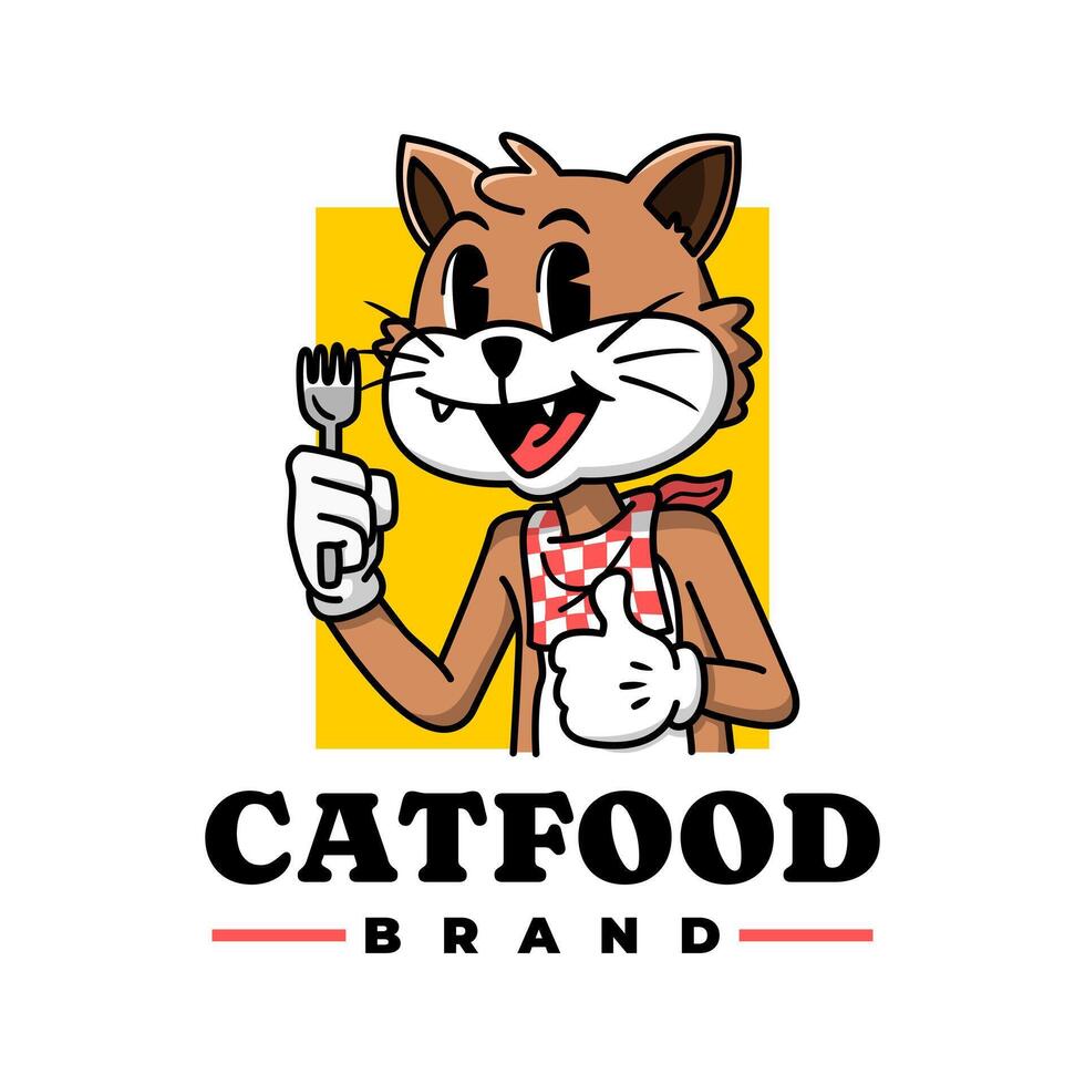 retro illustration of a cat holding a fork. cartoon logo for cat food or any business related to food vector