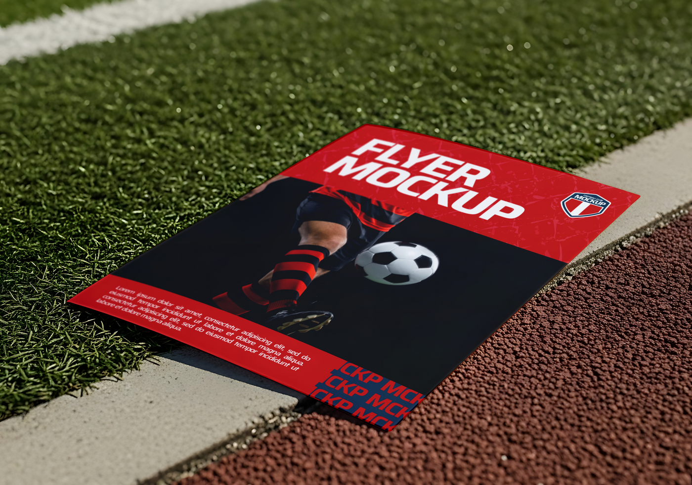 A red flyer mockup featuring a soccer player lies on the turf of a sports field psd