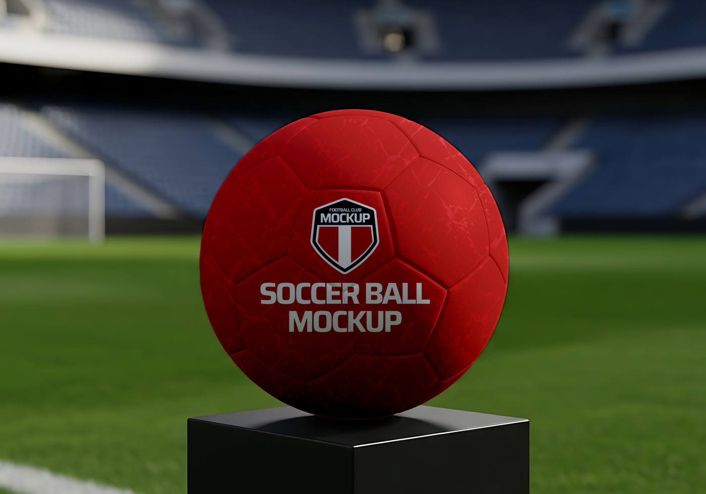 A red soccer ball mockup sits on a pedestal in an empty stadium psd