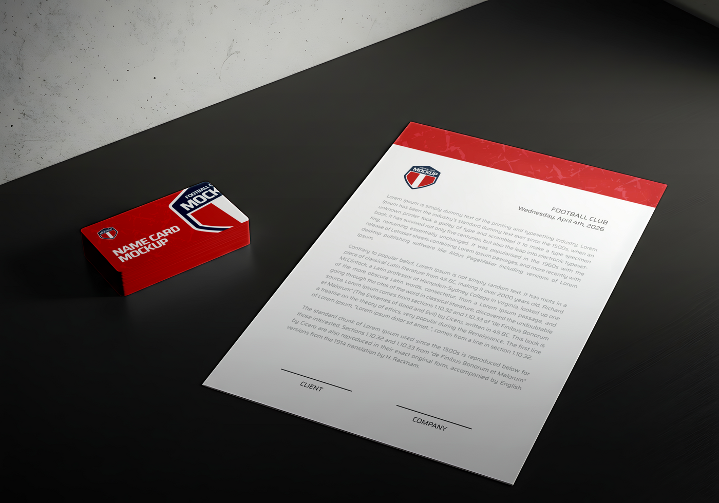 A red name card mockup sits beside a letterhead for a football club psd