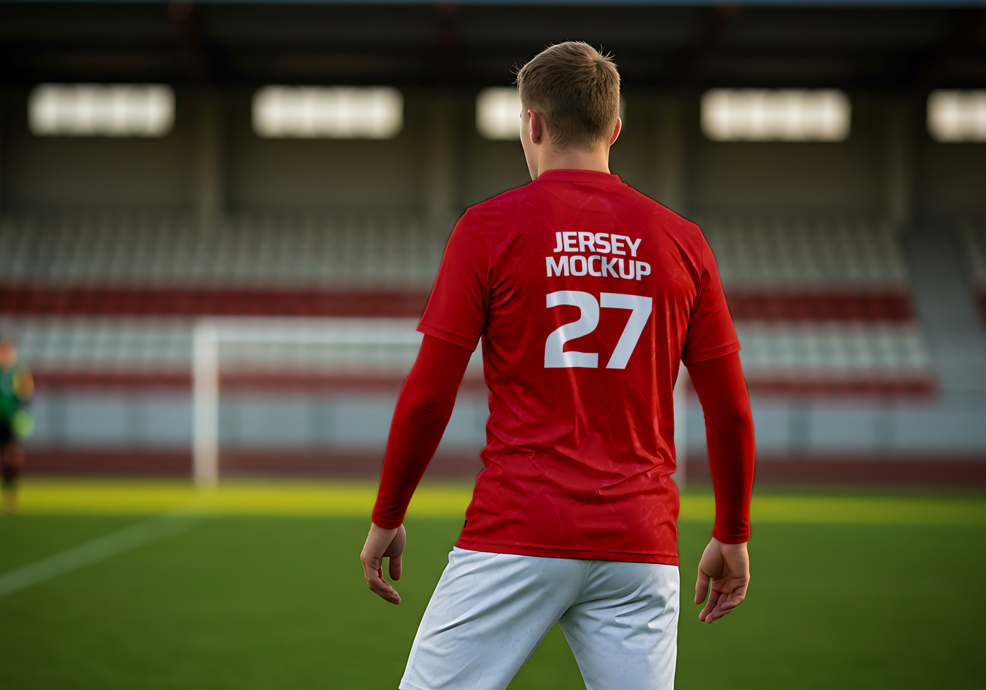 A soccer player number 27 stands on the field facing away from the camera in a red jersey psd