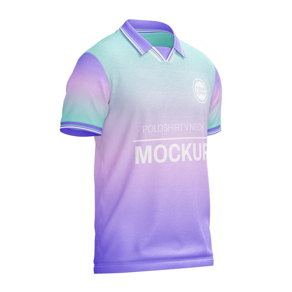 Mens poloshirt with flat v collar layer short sleeve tshirt jersey mockup front halfside view psd