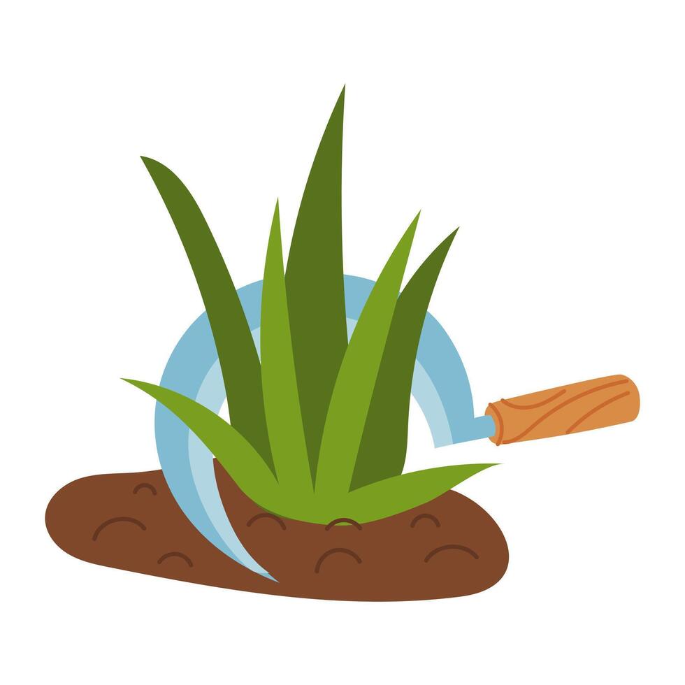 She cuts off a bush of grass with a sickle. Flat color illustration. Gardening tools. Gardening. Suitable for agrothematics, applications, educational materials and product packaging vector
