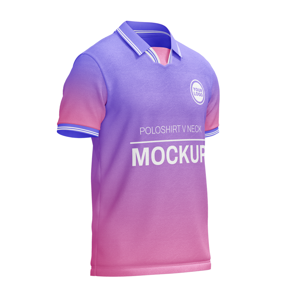 Mens poloshirt with closed v collar layer short sleeve tshirt jersey mockup front halfside view psd