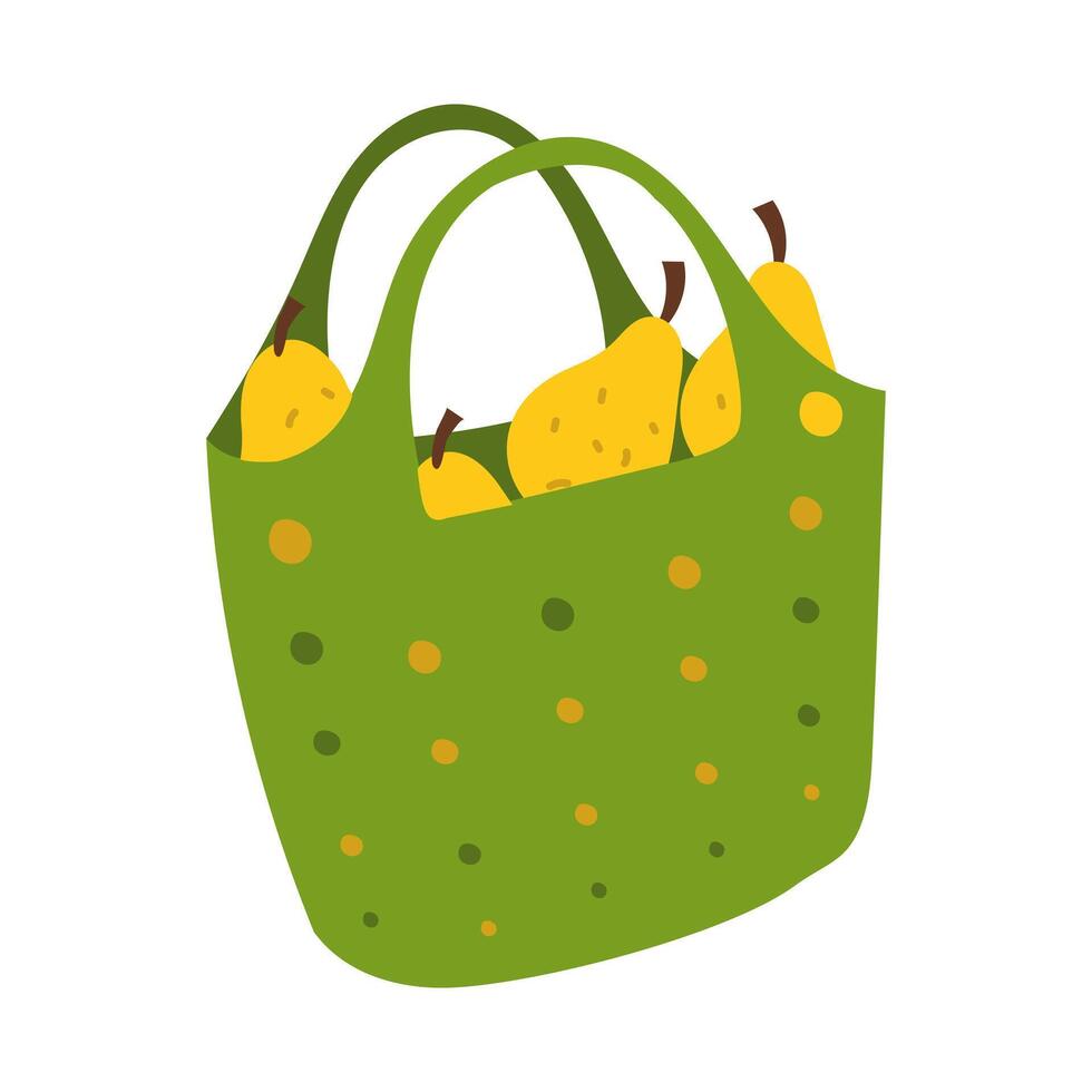Silicone basket pears. bag with handles, nets for harvesting. Flat color illustration. It is suitable packaging design, advertising, articles about gardening, farming, healthy eating and harvesting vector