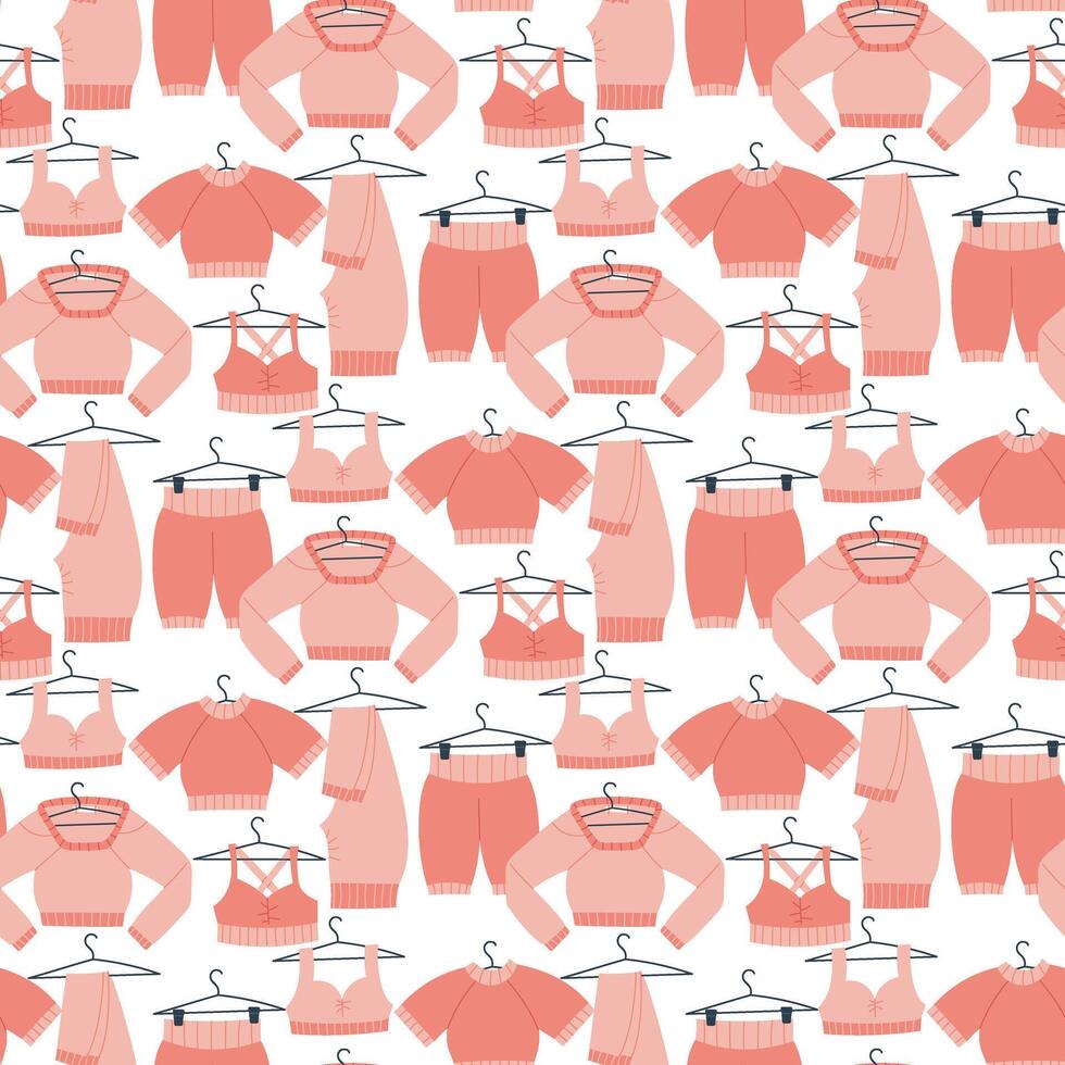 Pattern with fitness clothing items. Various sweatshirts, pants, and shorts on hangers. Flat color illustration in a seamless. For posters, sportswear, apps, packaging, and blogs, active lifestyle vector