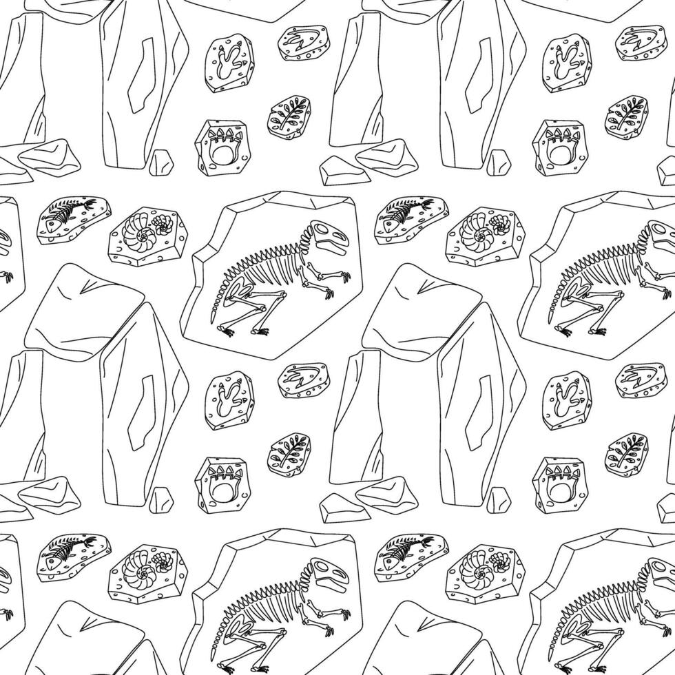Pattern doodle museum artifacts. First human constructions, dinosaur fossils, bones, grass and shell prints. Suitable for websites, prints, books, and educational materials on history and culture vector