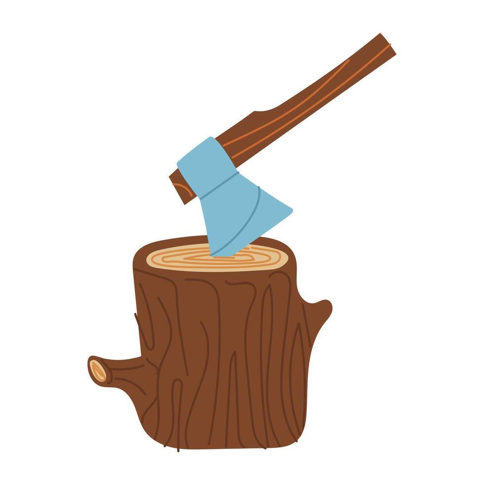 axe is in the stump. Harvesting of firewood. Seasonal work. Gardening and construction equipment. Flat color illustration. It is suitable for design and educational materials on gardening and hobbies vector