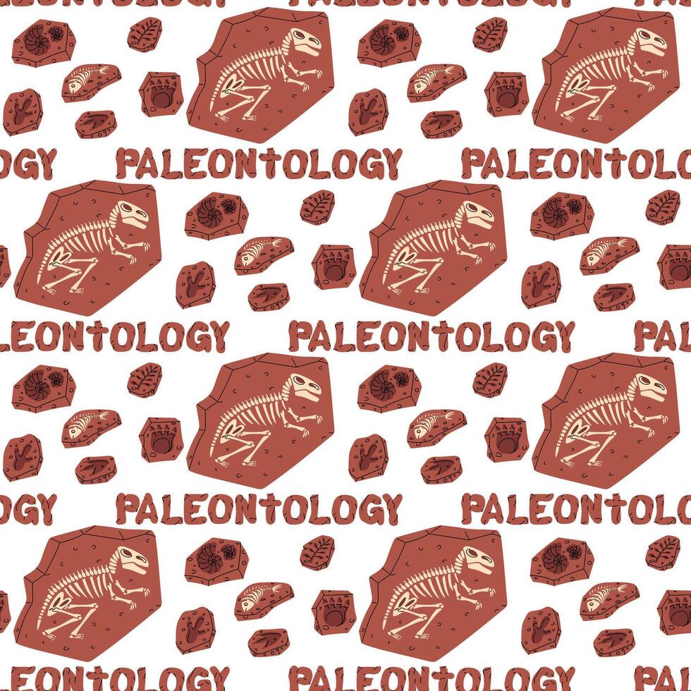 Fossil pattern with the inscription Paleontology, color. Dinosaur footprints, fish bones, Tyrannosaurus skeleton, plants, and shells in seamless texture. Brown large elements. for scientific posters vector