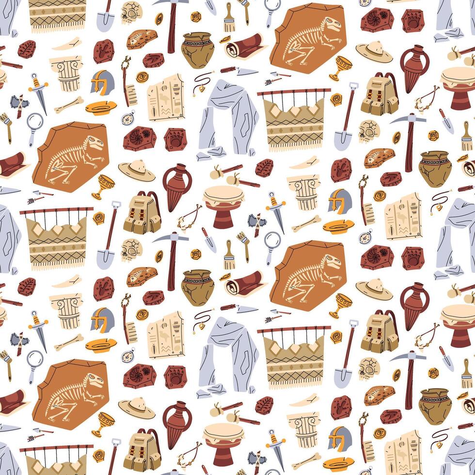 Colorful archaeological tools and artifacts pattern vector