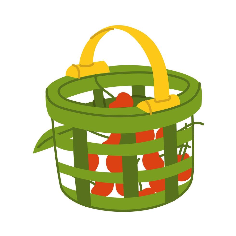 Cherries in a plastic basket. Mesh basket for harvesting. Flat color illustration. It is suitable for packaging design, advertising, articles about gardening, farming, healthy eating and harvesting vector