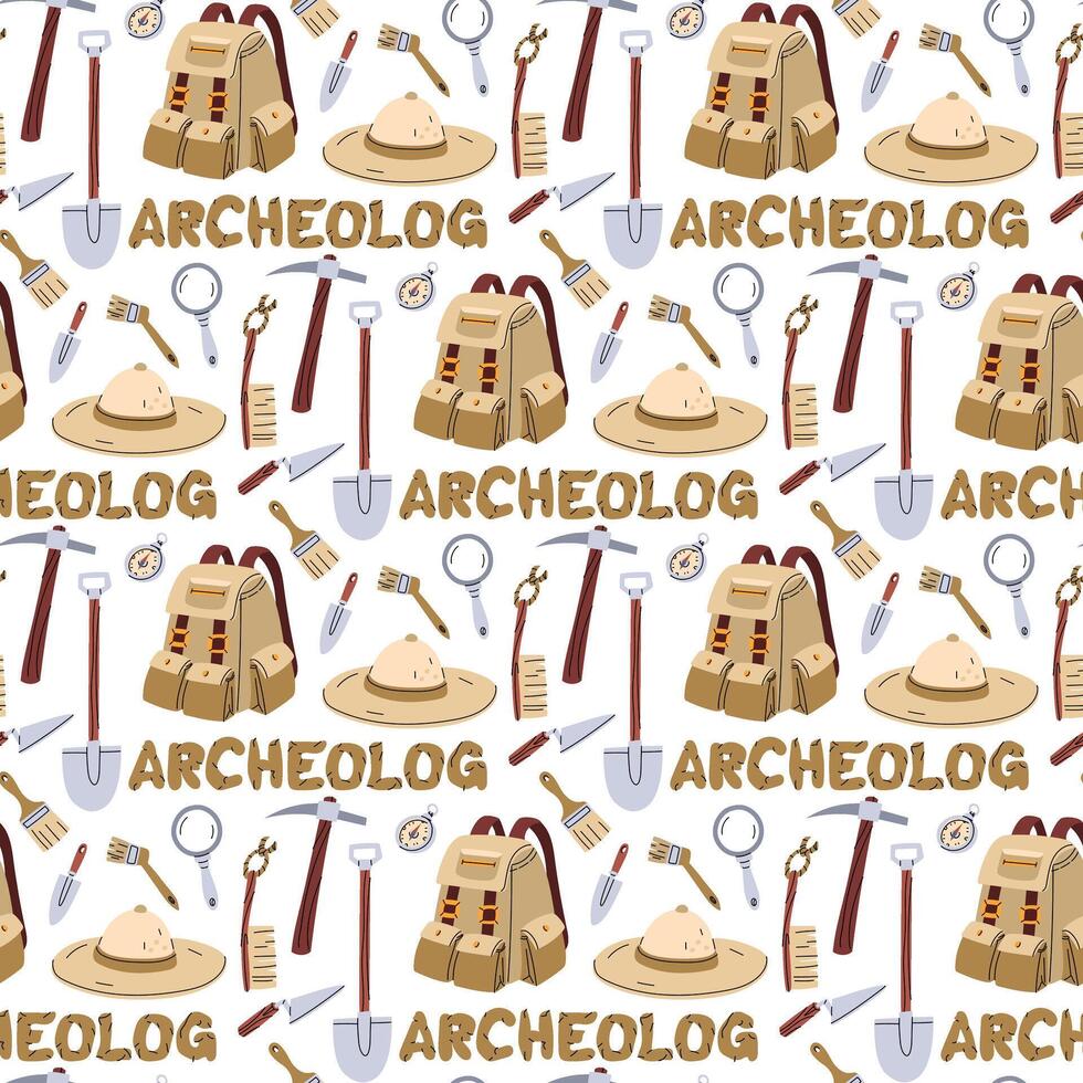 Pattern of items for an archaeologist with an inscription. Archaeologist items. Brushes, map, shovel, compass, hat, backpack in a seamless texture. for scientific posters, books, articles, educational vector