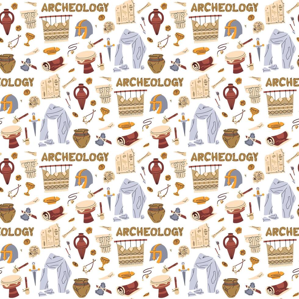 Pattern of historical objects with the inscription Archaeology in flat color style. Jugs, plates, bones, blades, and architecture in seamless texture. Suitable for scientific posters, books, articles vector