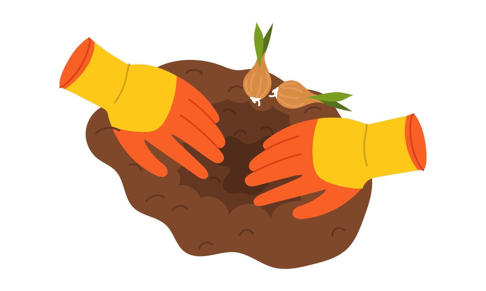 Hands wearing rubber gloves dig hole for planting an onion. Garden tools. Flat color illustration. For topics such as ecology, gardening, sustainable development, landscaping, and nature conservation vector