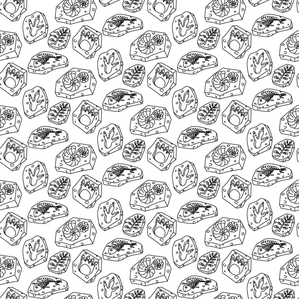 Pattern from doodle fossils. Footprints of various dinosaurs, fish bones, plants, and shells have a seamless texture. Stones, vulcanization. Materials for scientific posters, books, and articles. vector