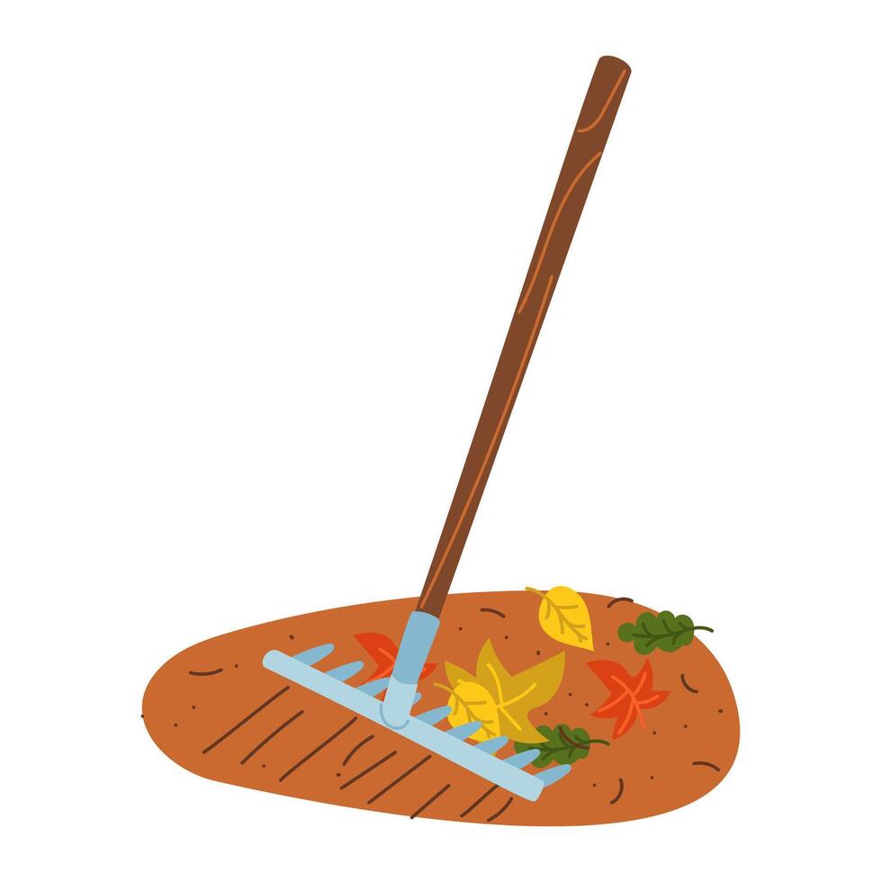 iron rake rakes fallen autumn leaves in the sand. Gardening tools. Flat color illustration. Gardening. Suitable for gardening, site maintenance, weed control, agricultural machinery and manual labor vector