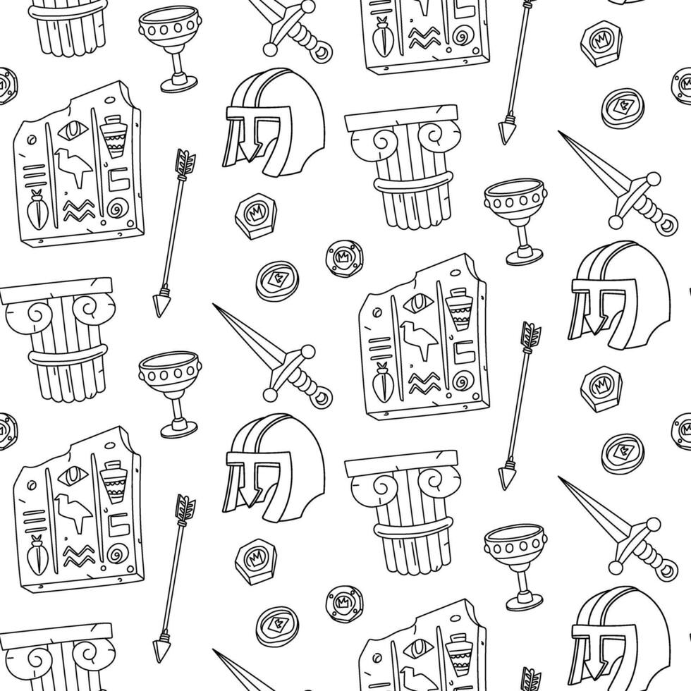 pattern of historical finds. Coins, a helmet, a dagger, a Greek column, and a stone with Egyptian hieroglyphs have a seamless texture. Materials for scientific posters, books, and articles. vector