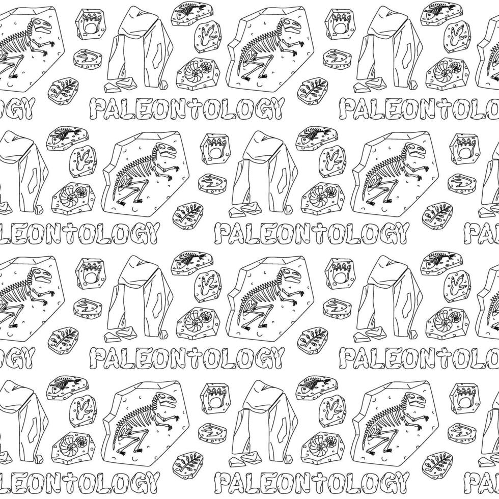 doodle pattern of fossils labeled Paleontology. Dinosaur footprints, fish bones, a tyrannosaurus skeleton, plants and shells have a seamless texture. materials for scientific posters, books, articles. vector