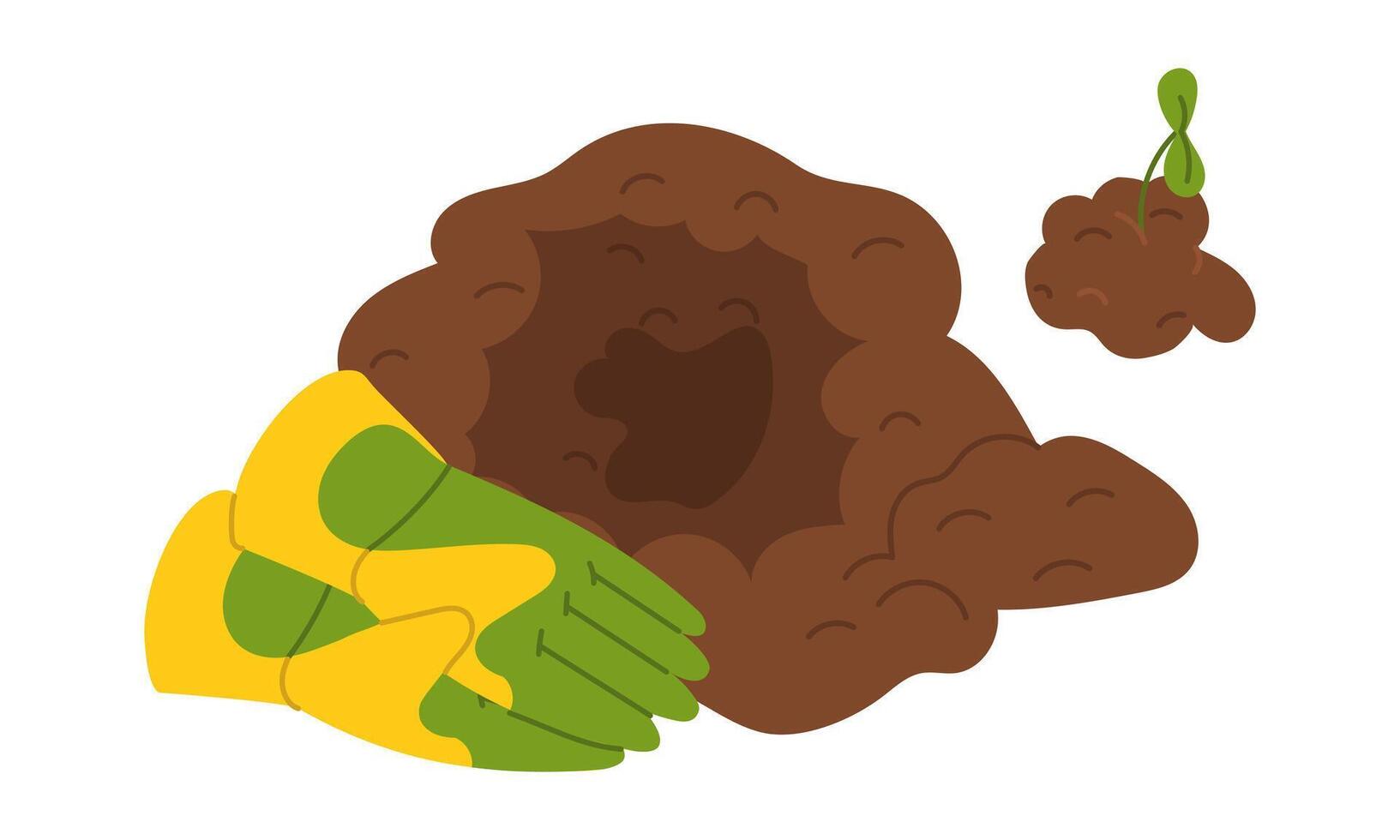 rubber gloves soil and sprout for planting. Before boarding. Gardening tools. Flat color illustration. Suitable topics are ecology, gardening, sustainable development, landscaping, nature conservation vector