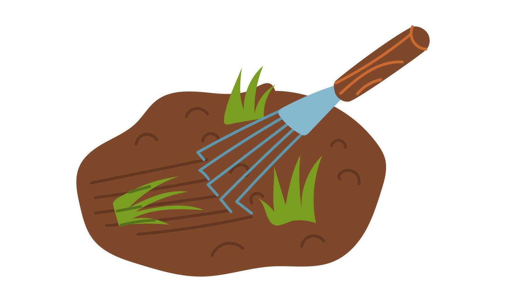 Fan-shaped thin rakes that loosen the soil with planted plants. Garden tools. Garden work, rakes. Suitable for agricultural websites, blogs, gardening manuals, and advertising of garden tools. vector