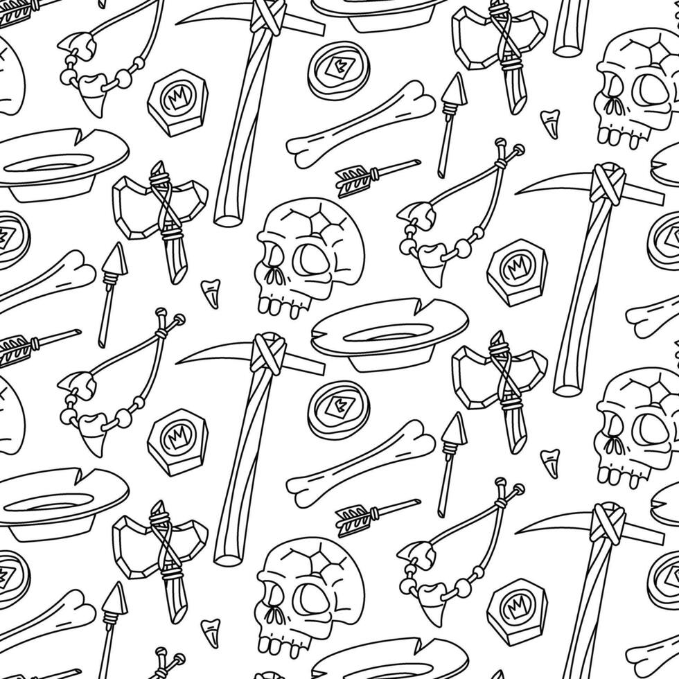 Doodle pattern museum artifacts. Human bones, dishes, pickaxe, jewelry, coins, arrows. Suitable for designing websites, prints, books, children's and educational materials on history and culture vector